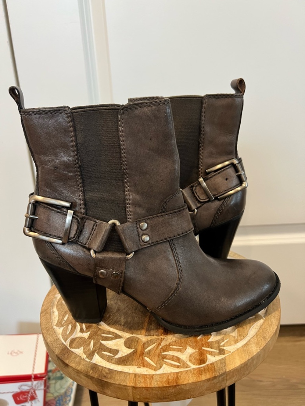 Arturo Chiang Brown Leather Buckle Heel Ankle Boots